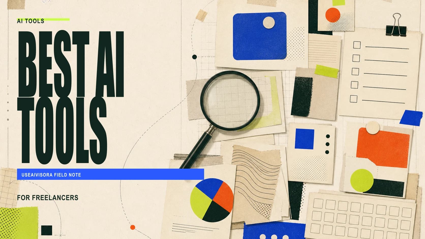Editorial illustration of a freelancer selecting tools for research, creation and operations