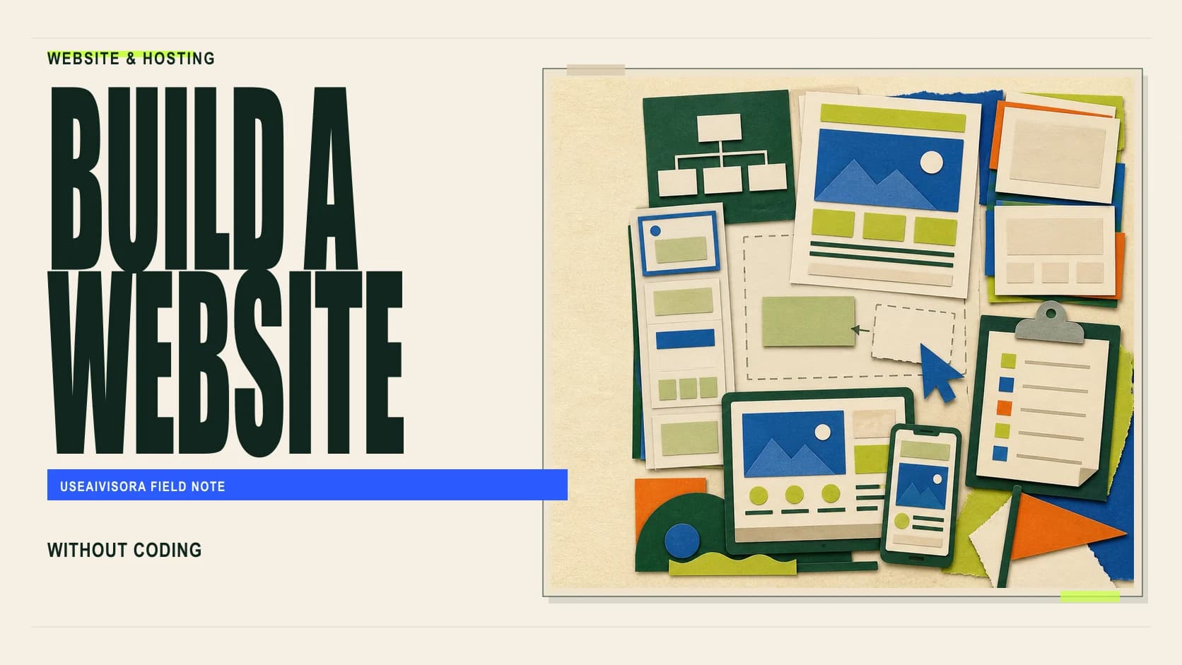 Editorial illustration of a no-code website checklist from plan to publish