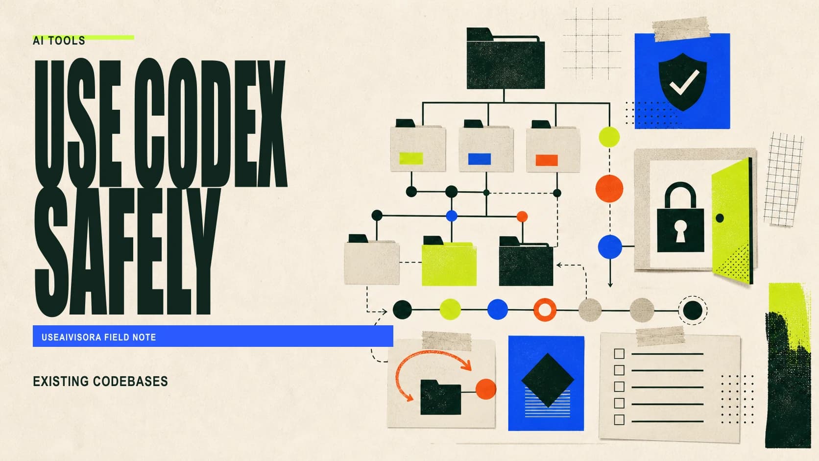 Editorial safe Codex workflow artwork covering branches, diffs and tests