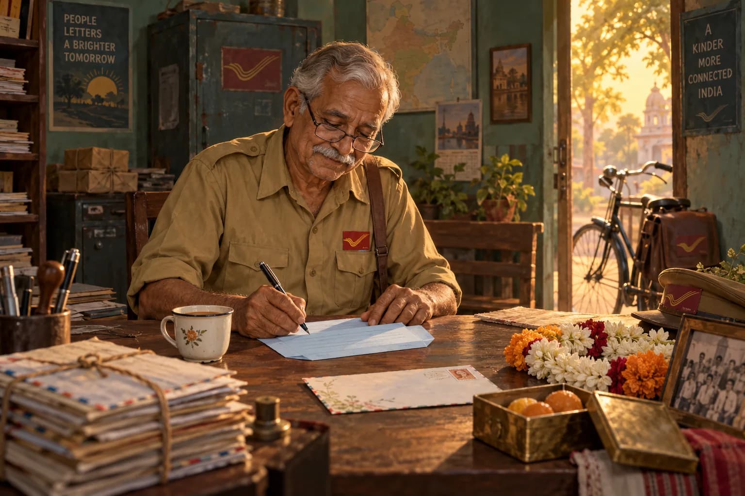 डाकघर में बैठकर चिट्ठी का जवाब लिखते बुजुर्ग डाकिए हरिराम, दरवाजे के पास उनकी साइकिल और डाक का थैला