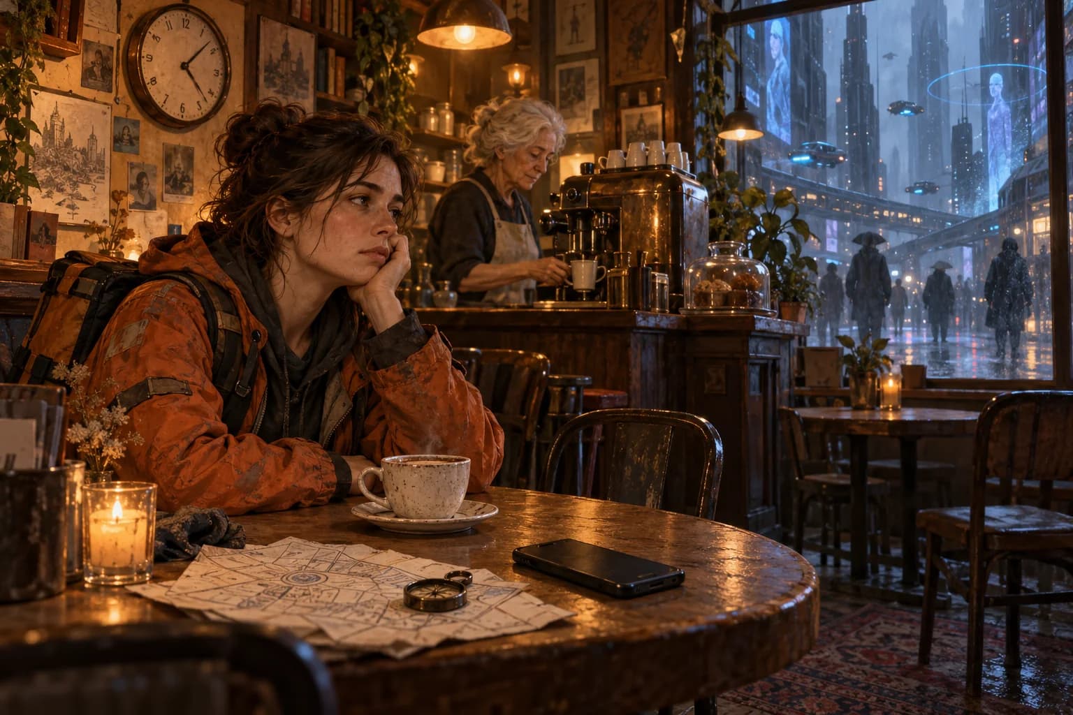A courier in an orange jacket and a silver-haired café owner beside a paper map in a warm café