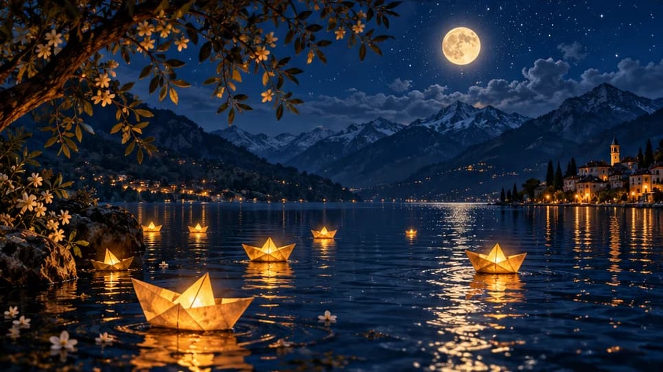 Golden paper boats drifting across a moonlit mountain lake beneath the stars