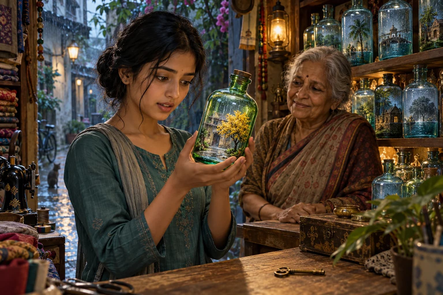 दुकान में मीरा हरी बोतल के अंदर बारिश वाला आँगन देखती हुई, पास में बुजुर्ग दुकानदार और काउंटर पर पुराने घर की चाबी