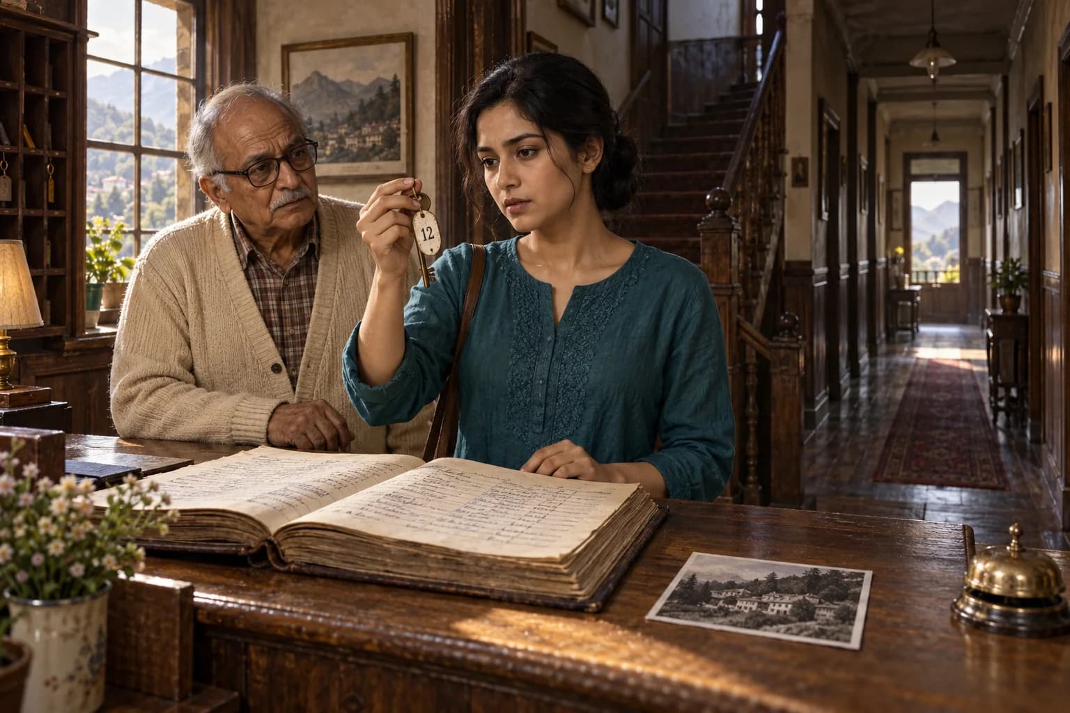 पुराने होटल की मेज पर रखे रजिस्टर और तस्वीर के पास चाबी देखती युवती, साथ में बुजुर्ग कर्मचारी