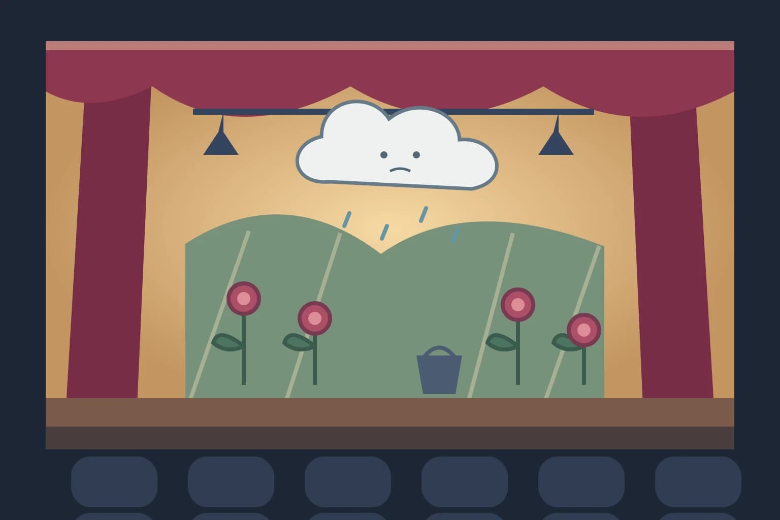 Original illustration of a small rain cloud above cardboard roses on a theatre stage