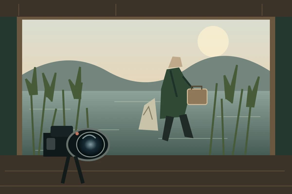 Original illustration of a camera inside a wooden viewing hide overlooking reeds, with a green coat and padded box near the marsh