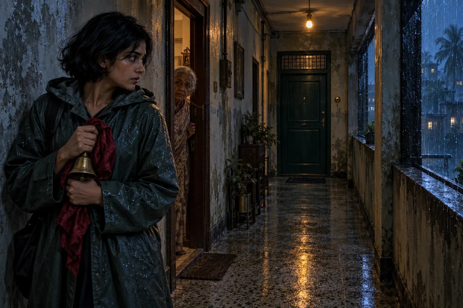 A young woman holding a brass bell in a dim apartment corridor beside a locked green door
