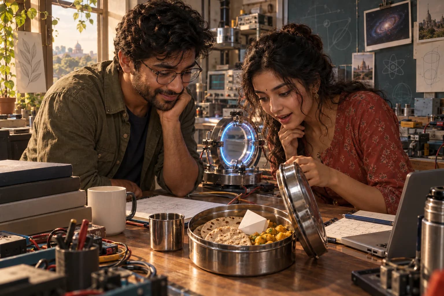 छोटी लैब में विक्रम और इरा रोटी, सब्जी और नोट वाला टिफिन देखते हुए, पीछे नीली रोशनी वाली प्रयोग की मशीन