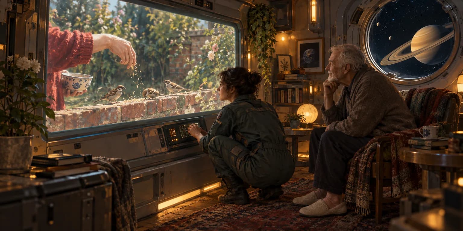 Mara and an elderly passenger beside a cabin screen showing a memory of Earth, with Saturn visible through a porthole
