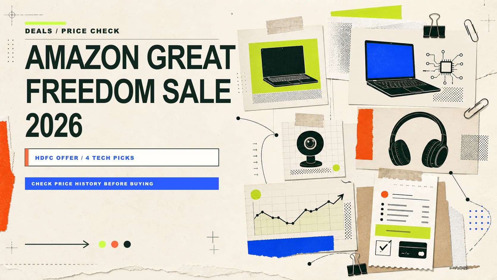 Editorial Amazon Great Freedom Sale price-check desk with laptops, headphones, webcam, card and price-history chart