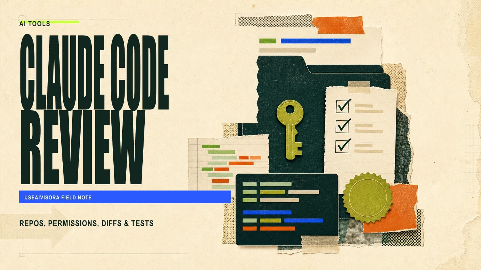 Editorial Claude Code review artwork focused on repositories, permissions, diffs and tests