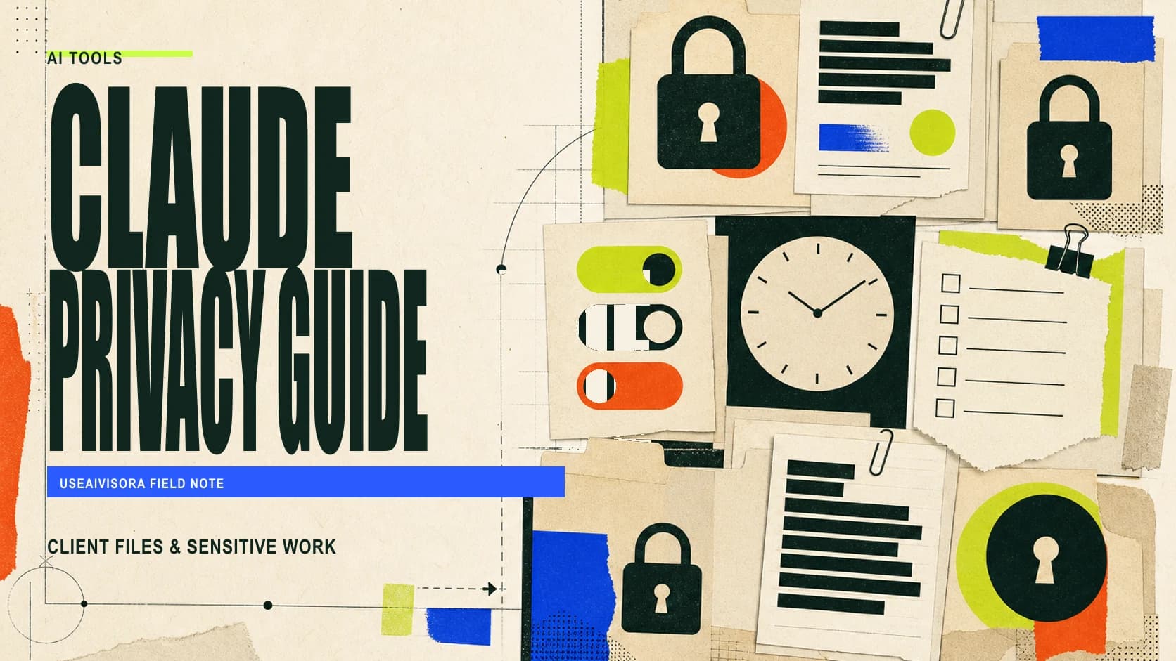 Editorial Claude privacy guide artwork for client documents, settings and retention checks