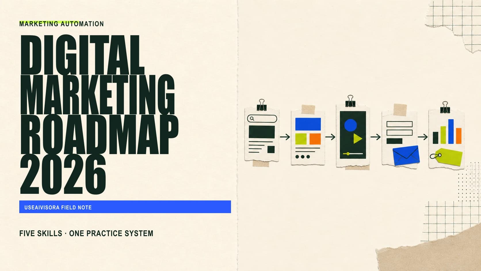 UseAIVisora editorial roadmap connecting search, advertising, social content, conversion work and analytics into five practical digital marketing stages