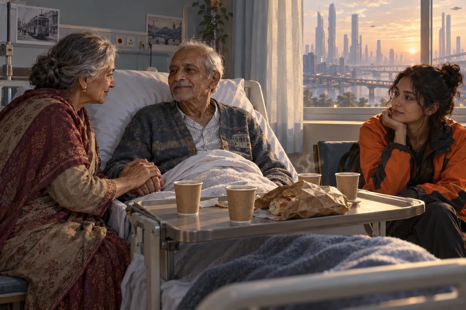Ada reunited with Dev at his hospital bedside while Leena sits nearby