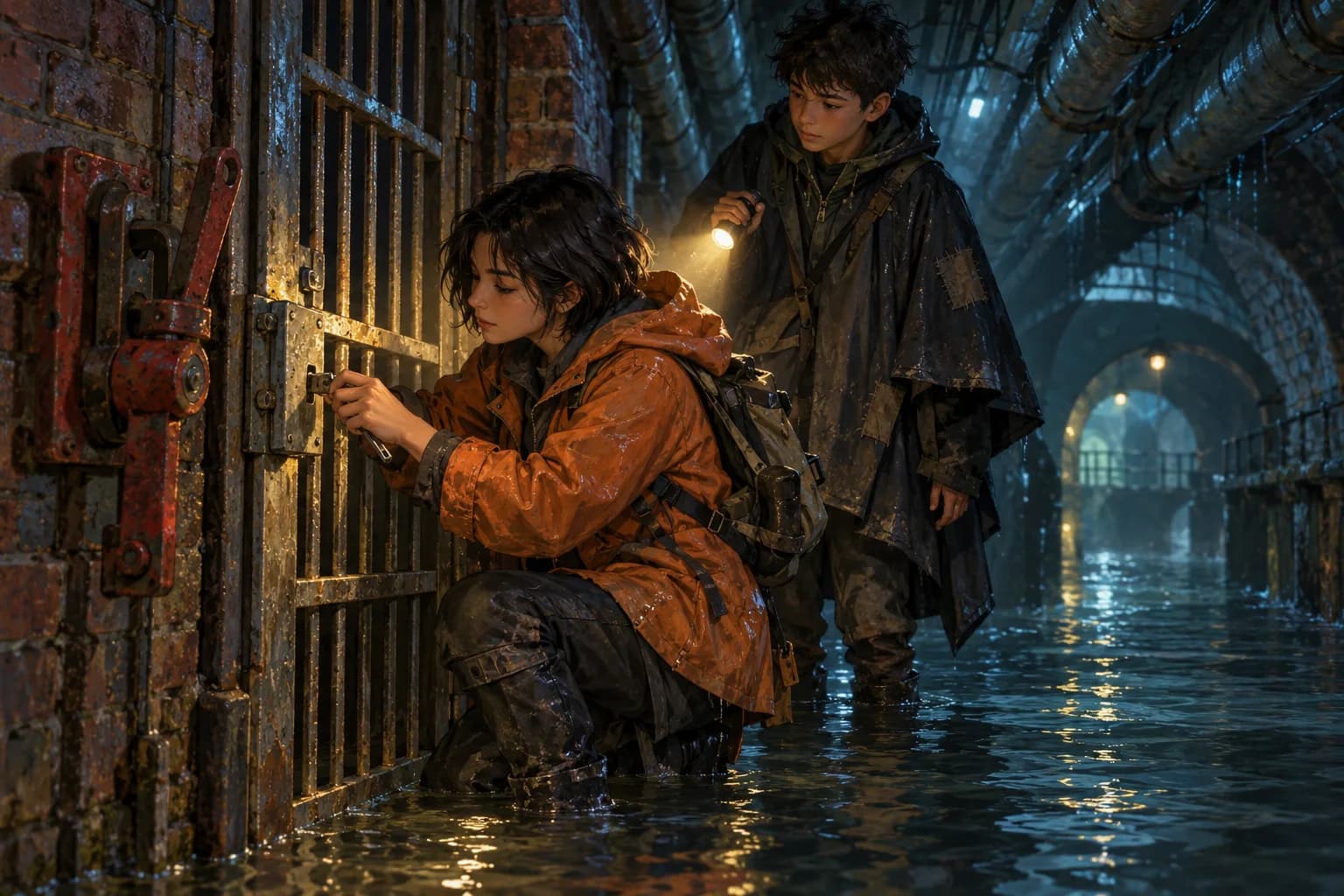 Leena and Kit inspecting an electric gate in a flooded brick service tunnel
